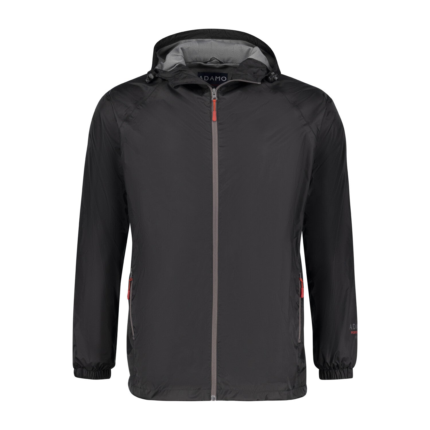 Adamo schwarze Damen Regenjacke mit Kapuze und durchgehendem Reißverschluss für nasses Wetter
