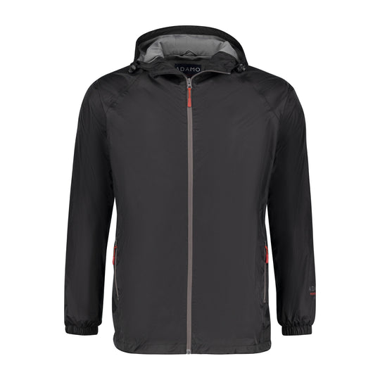 Adamo schwarze Damen Regenjacke mit Kapuze und durchgehendem Reißverschluss für nasses Wetter