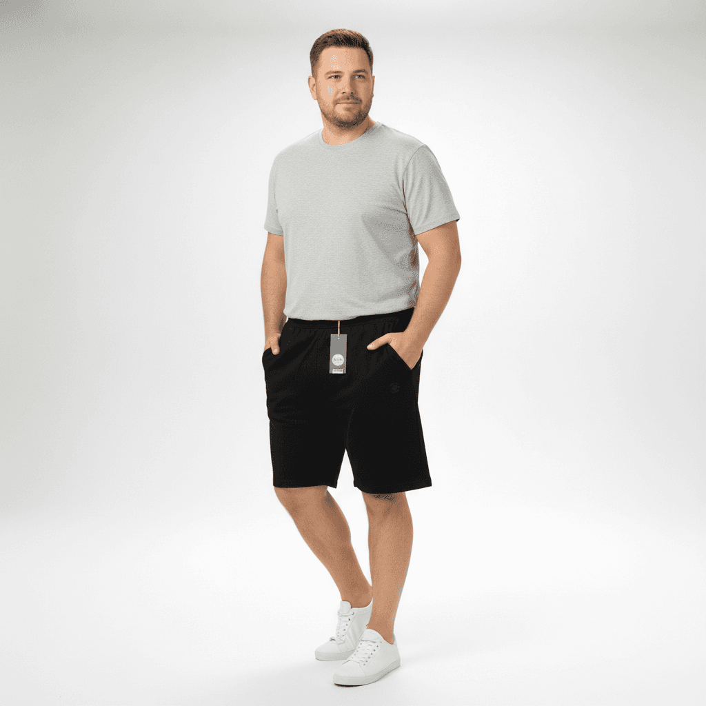 Mann trägt schwarze Bermuda von Ahorn Sport mit grauem T-Shirt und weißen Sneakers