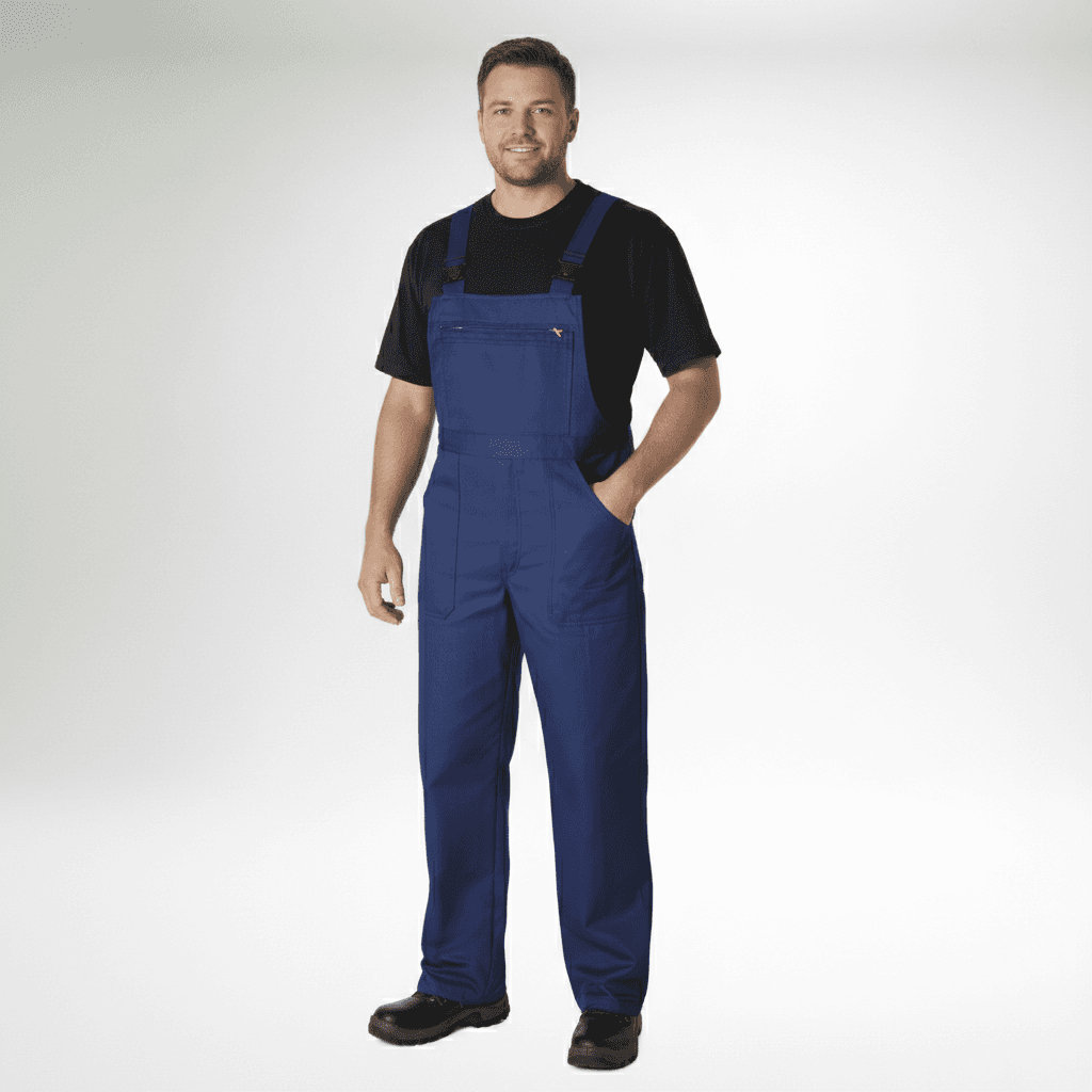 Pionier Arbeits-Latzhose Übergröße in Blau getragen von Mann mit schwarzem T-Shirt und Arbeitsschuhen