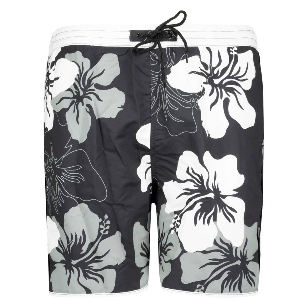 Adamo schwarze Badehose für Herren mit weißem und grauem Blumenmuster und Kordelzugbund