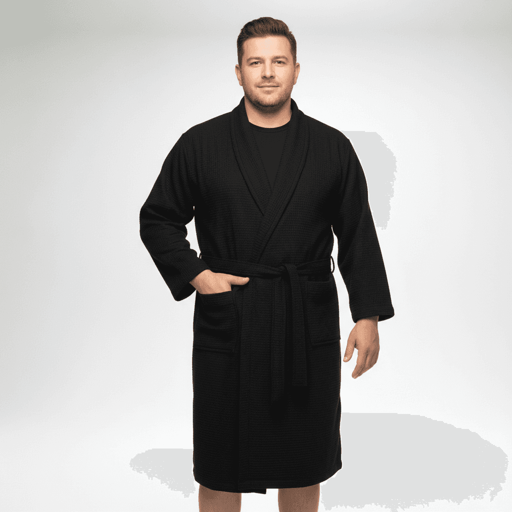 BigTiger schwarzer bademantel herren waffelpique mit Gürtel und Taschen für komfortablen Tragekomfort