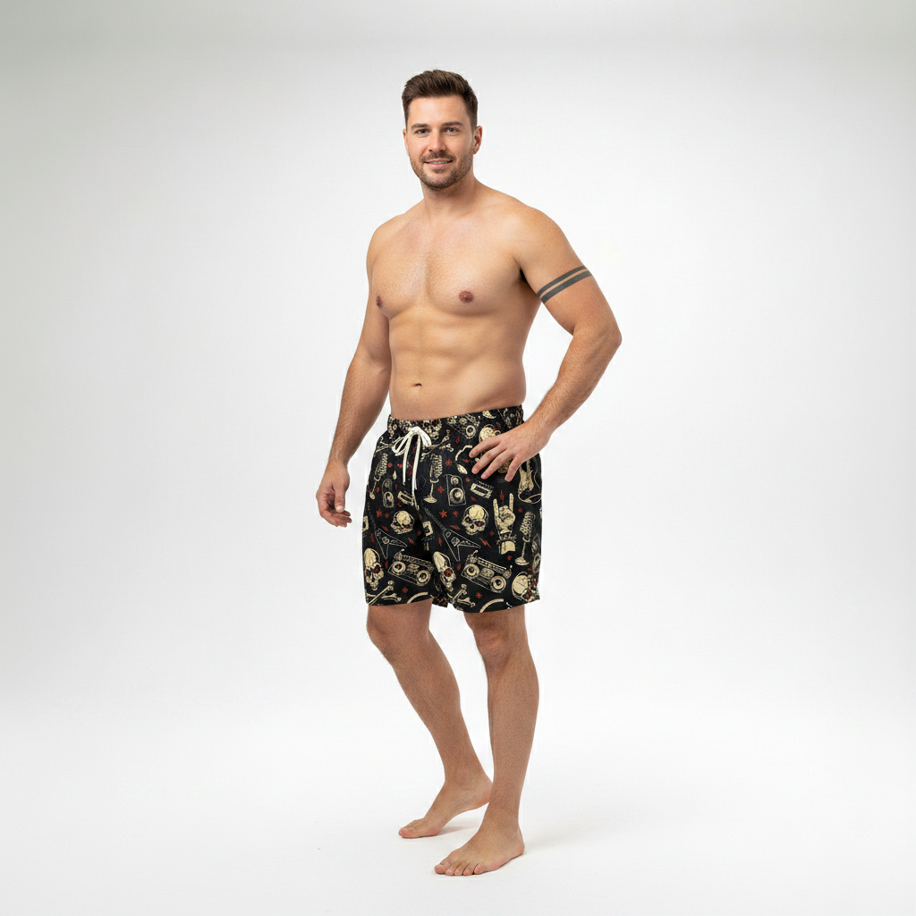 BigTiger Badeshort für Herren mit schwarzem Totenkopf- und Tattoo-Motiv für stilbewusste Herren