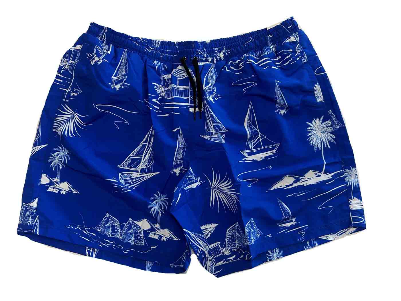 Badeshort Herren von BigTiger in Blau mit maritimem Segelboot- und Palmenmuster
