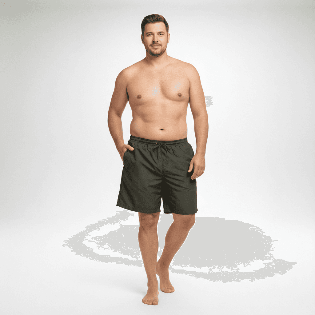 Mann trägt schwarze badeshorts für herren von BigTiger mit elastischem Taillenbund und Taschen