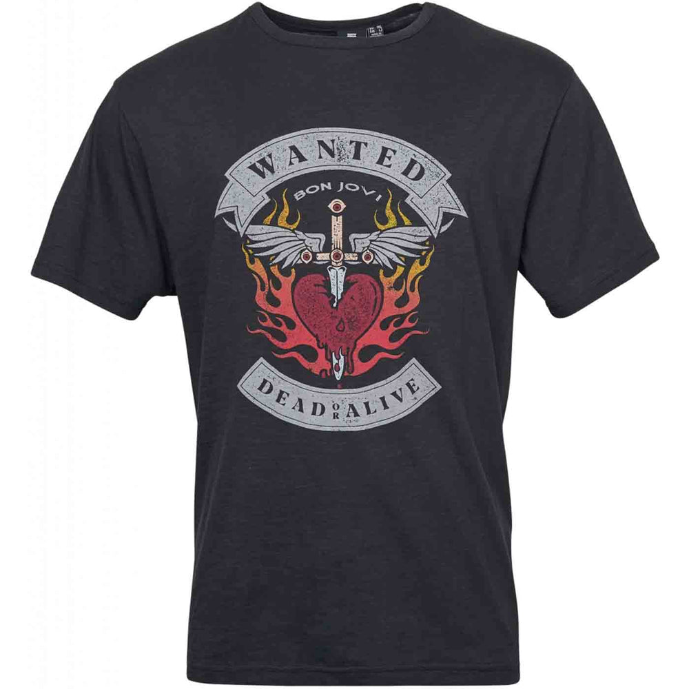 Schwarzes t shirt von Allsize mit Bon Jovi Wanted Dead or Alive Druck und Flammenmotiv