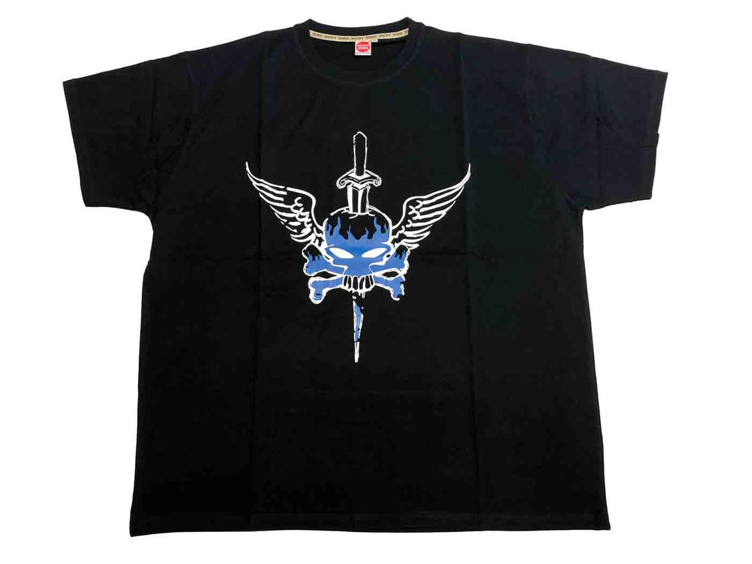 Schwarzes Honeymoon bedrucktes t shirt mit blauem Totenkopf und Flügeln und Schwertmotiv auf der Vorderseite