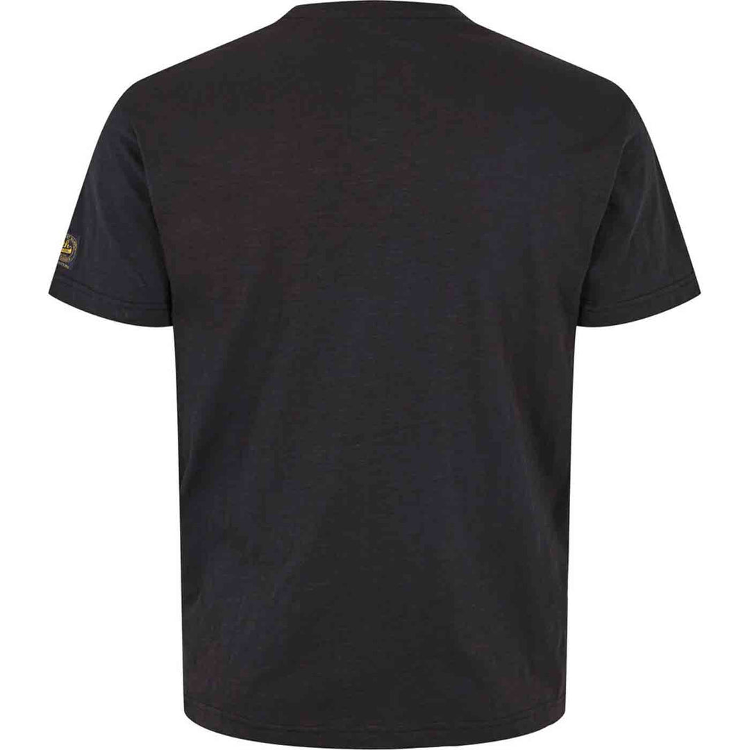 Schwarzes bedrucktes T-Shirt von Allsize, Rückansicht mit kurzem Arm und schlichtem Design