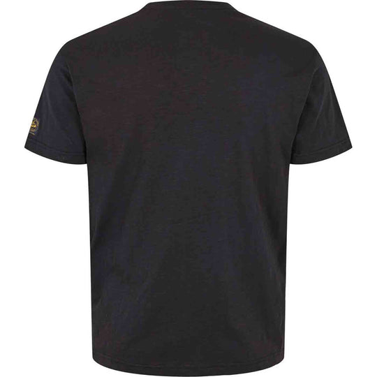 Schwarzes bedrucktes T-Shirt von Allsize, Rückansicht mit kurzem Arm und schlichtem Design