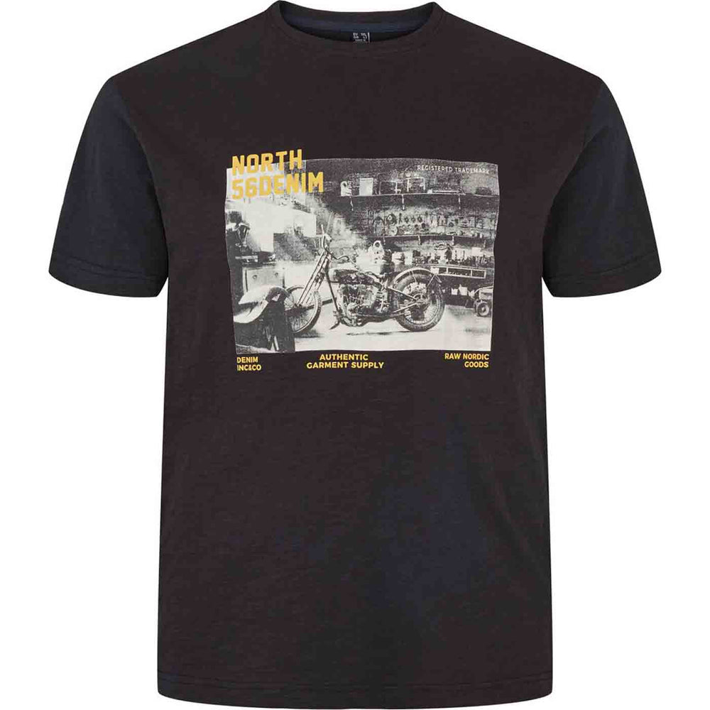 Schwarzes bedrucktes T-Shirt von Allsize mit Motorrad-Design und gelben Schriftzügen