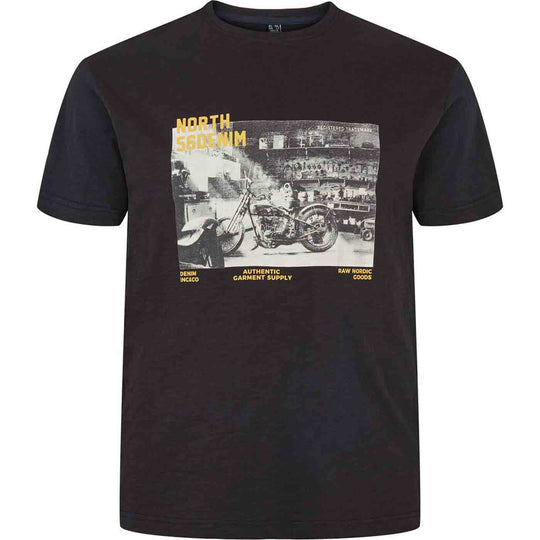 Schwarzes bedrucktes T-Shirt von Allsize mit Motorrad-Design und gelben Schriftzügen