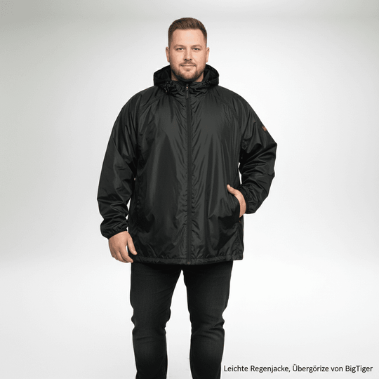 Leichte schwarze regenjacke herren von BigTiger mit Kapuze und Reißverschluss für regnerische Tage