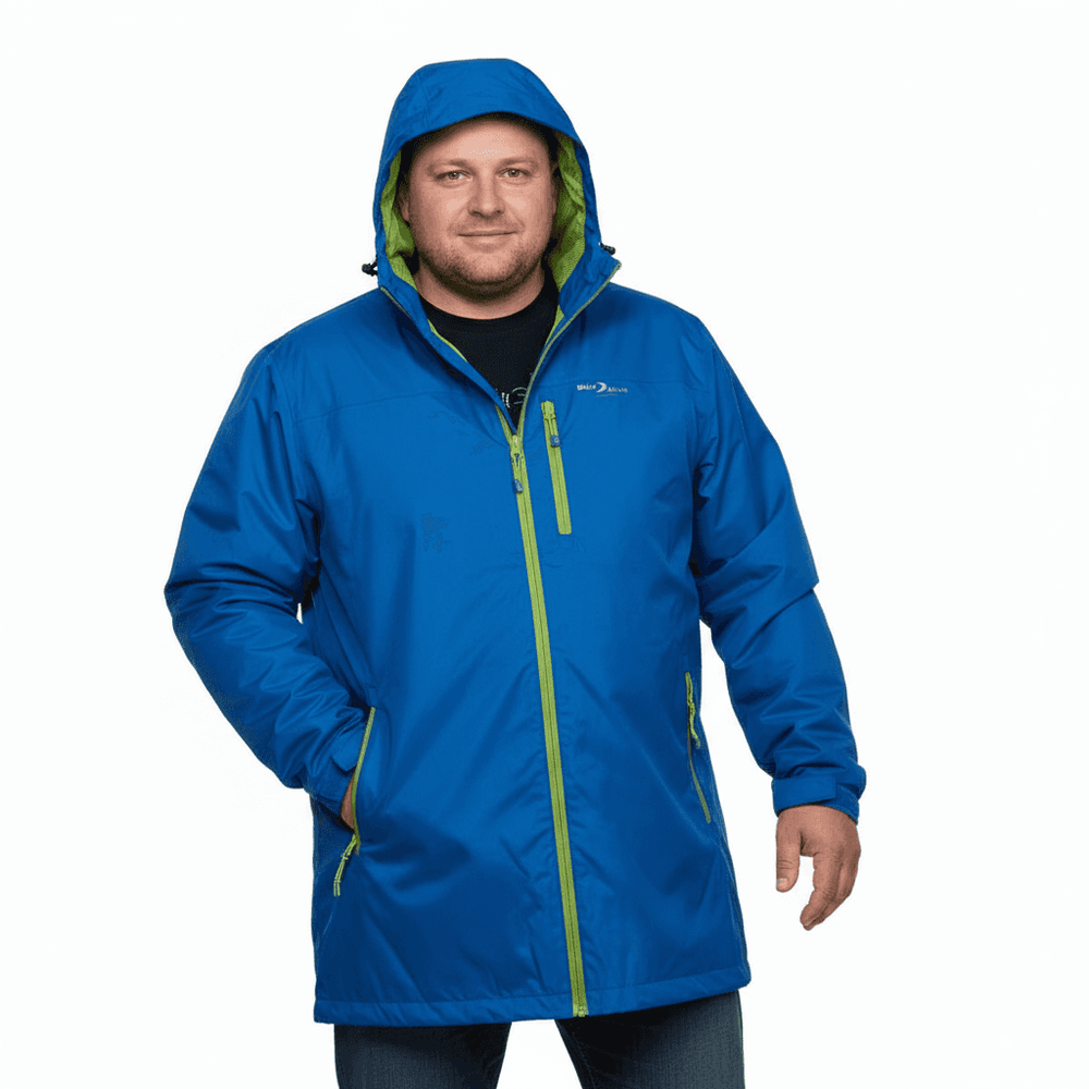BlueWave blaue regenjacke herren mit grünem Reißverschluss und Kapuze für nasses Wetter