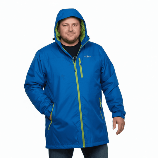 BlueWave blaue regenjacke herren mit grünem Reißverschluss und Kapuze für nasses Wetter