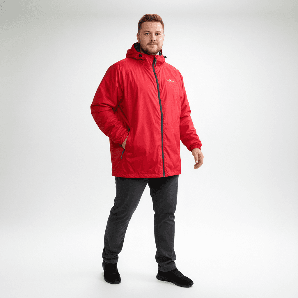 Rote BlueWave regenjacke herren mit Kapuze und Reißverschluss, getragen von einem Mann