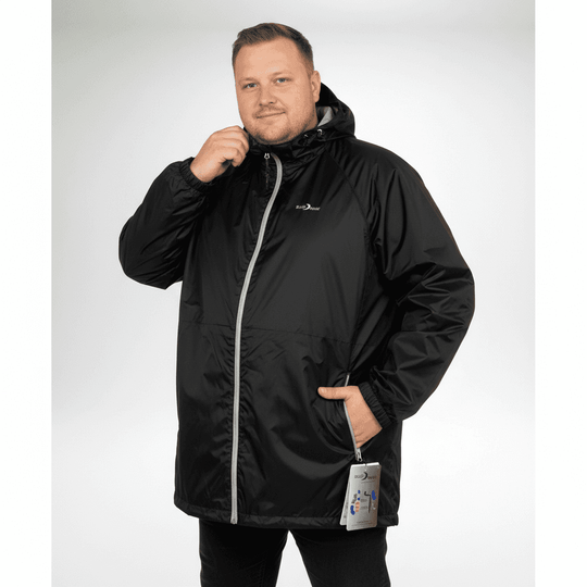BlueWave regenjacke herren in schwarz mit Kapuze und seitlichen Taschen für optimalen Wetterschutz