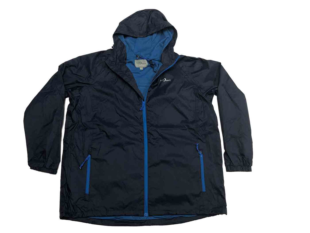 BlueWave schwarze regenjacke herren mit Kapuze und blauen Reißverschlüssen