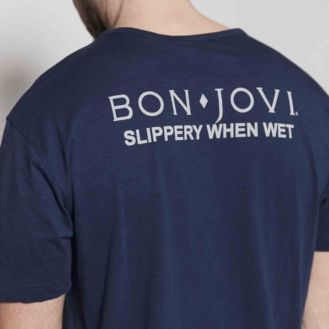 Allsize Bon Jovi T-Shirt in Dunkelblau mit Slippery When Wet Druck auf dem Rücken