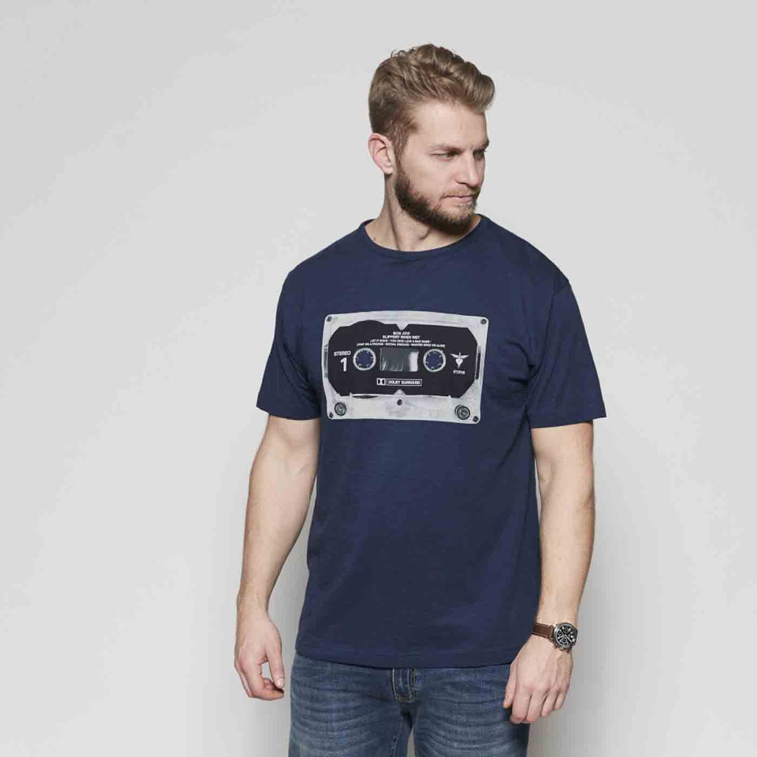 Dunkelblaues bon jovi t-shirt mit Kassetten-Print, kurzärmlig und casual geschnitten