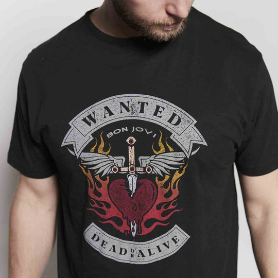 Schwarzes t shirt mit Bon Jovi Wanted Dead or Alive Druck auf der Vorderseite von Allsize