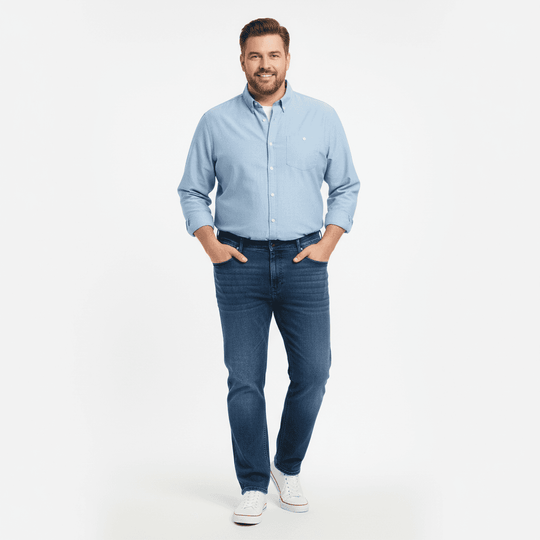 BigTiger Basic Jeans Herren dunkelblaue jeans herren in schmaler Passform mit weißem Hemd