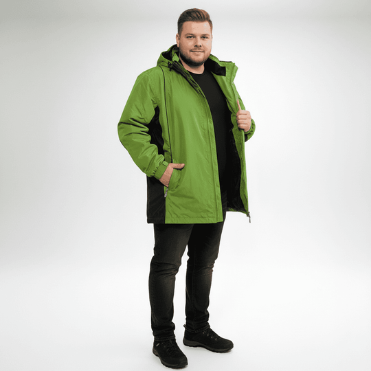 Herren Regenjacke von Brigg in Grün mit Kapuze und seitlichen schwarzen Einsätzen