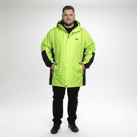 Brigg herren regenjacke in leuchtgrün mit schwarzem Einsatz und Kapuze für optimalen Schutz bei Regen