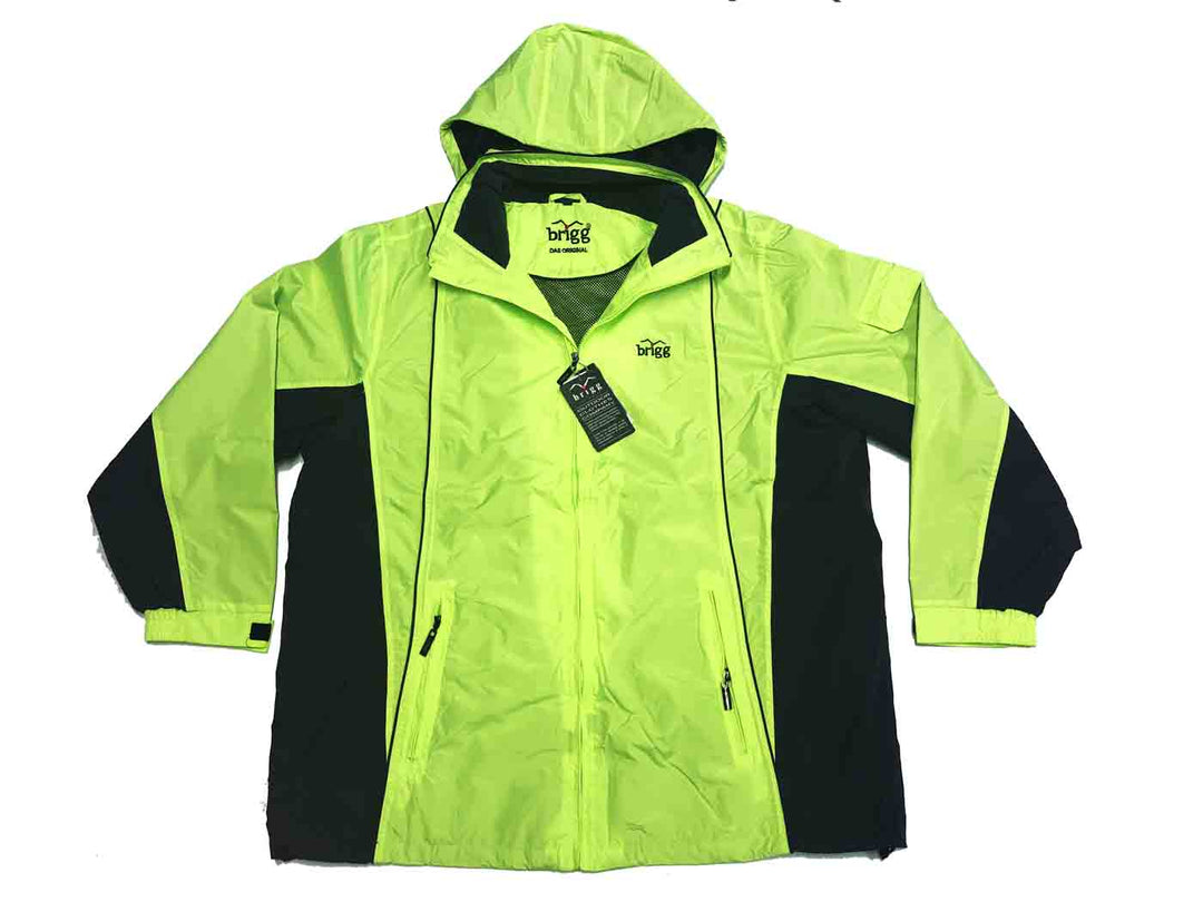 Brigg Herren Regenjacke in leuchtendem Gelb mit Kapuze und schwarzem Einsatz wind- und wasserdicht