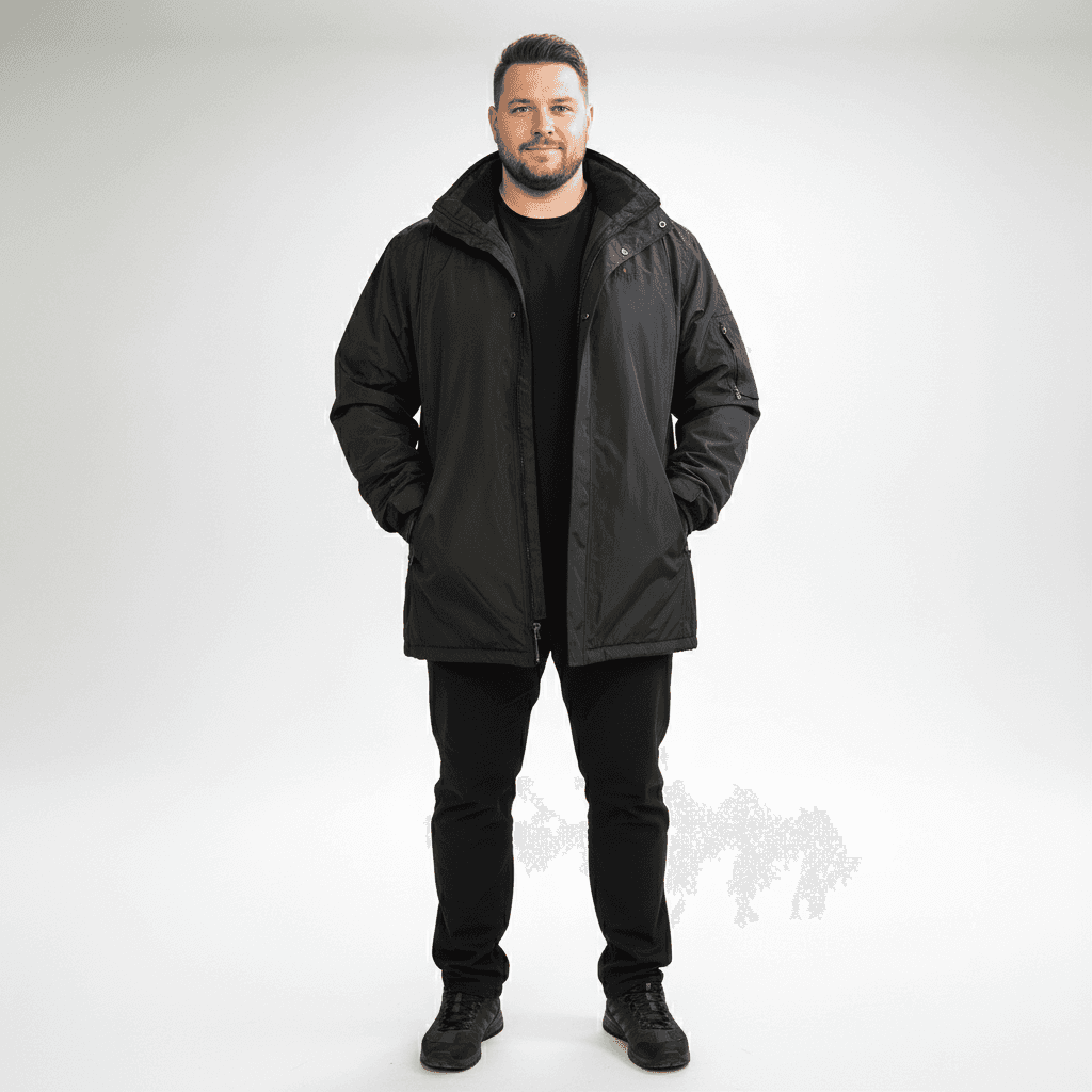 Brigg schwarze herren regenjacke mit Kapuze und langem Schnitt getragen von männlichem Modell