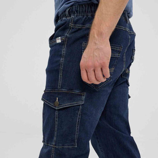 Dunkelblaue Cargo-Jeanshose Herren Übergröße von Allsize mit Seitentaschen und elastischem Bund