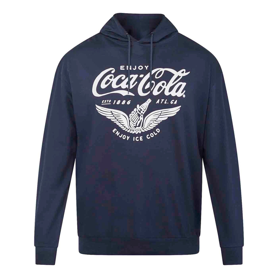 Dunkelblauer Hoodie von Allsize mit weißem Coca Cola Print und dem Keyword coca cola aktie