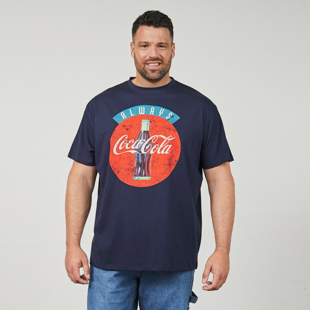 Allsize coca-cola t-shirt in navyblau mit großem rotem und weißem Logoaufdruck und Flasche