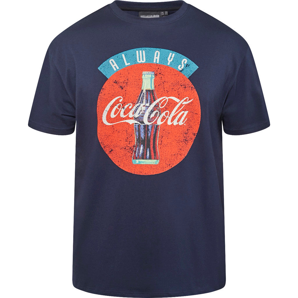 Dunkelblaues Allsize coca-cola t-shirt mit Retro-Flasche und rundem Aufdruck vorne