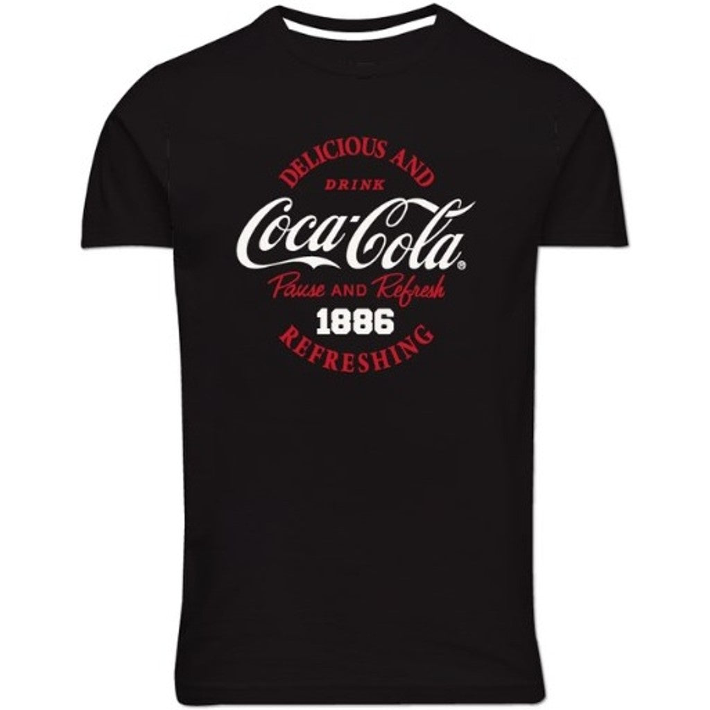 Schwarzes coca-cola t-shirt mit weißem und rotem Retro-Logo von Allsize