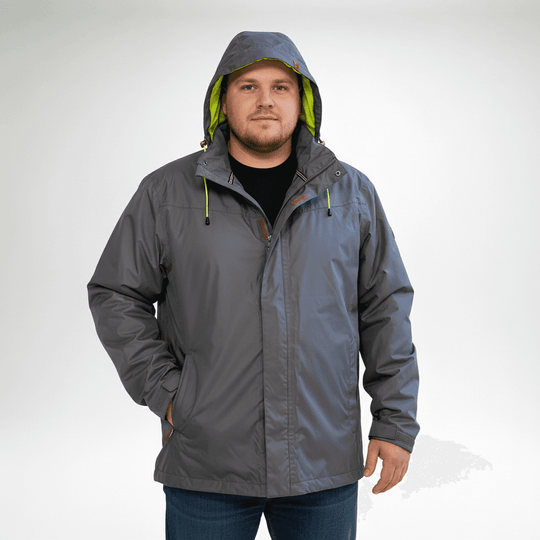 Brigg graue damen regenjacke mit Kapuze und grünem Innenfutter, wasserabweisend und atmungsaktiv