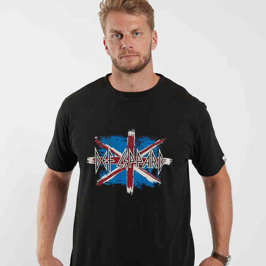 Schwarzes Def Leppard T-Shirt Übergröße mit Union Jack Print vorne von Allsize