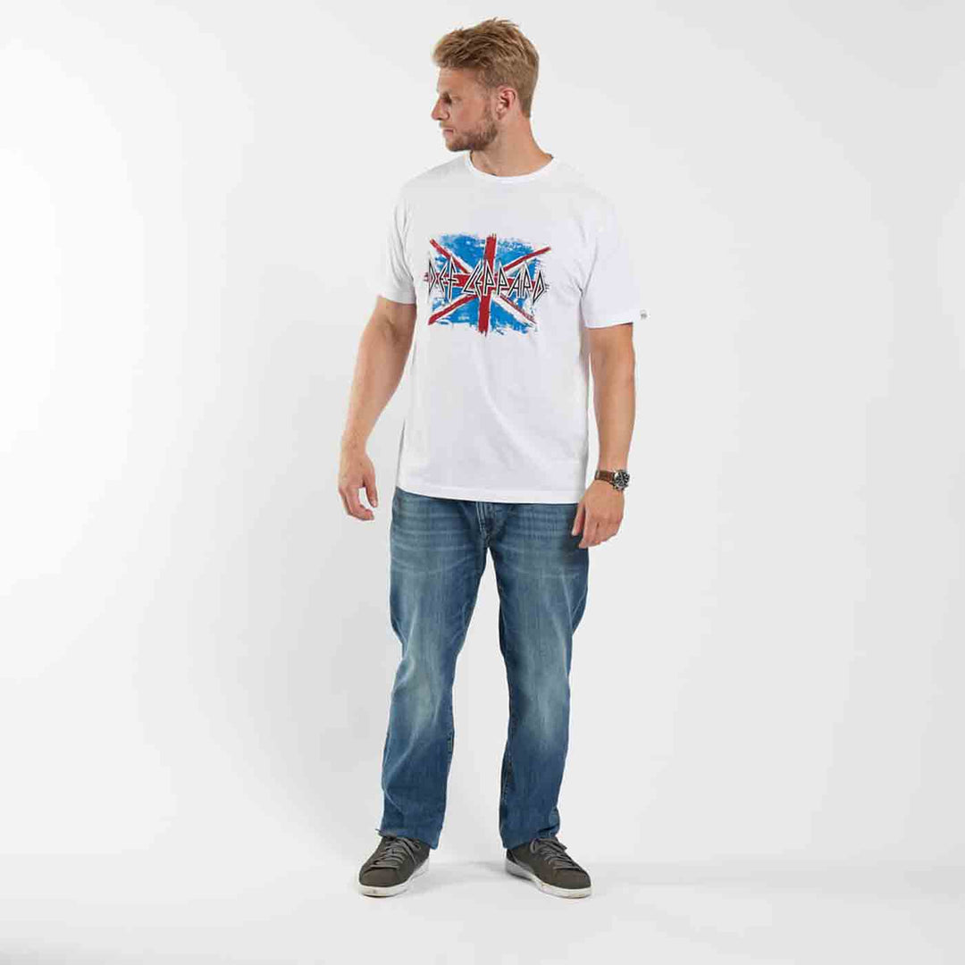Allsize weißes Def Leppard T-Shirt Übergröße mit Union Jack Druck und kurzer Ärmel