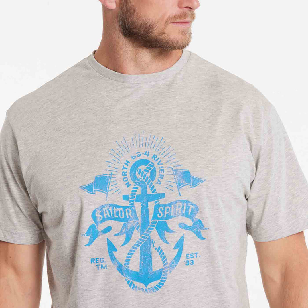 Hellgraues Allsize T-Shirt mit blauem Ankerdruck und Schriftzug Sailor Spirit druck t shirt