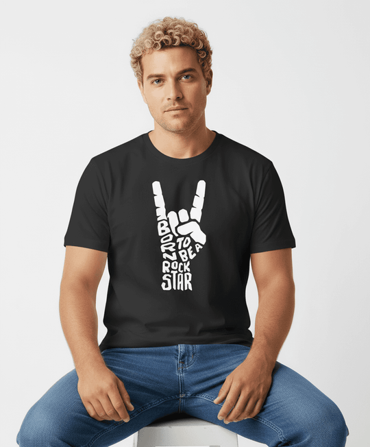 Schwarzes druck t shirt von BigTiger mit weißem Rock Star Handzeichen Motiv auf der Brust