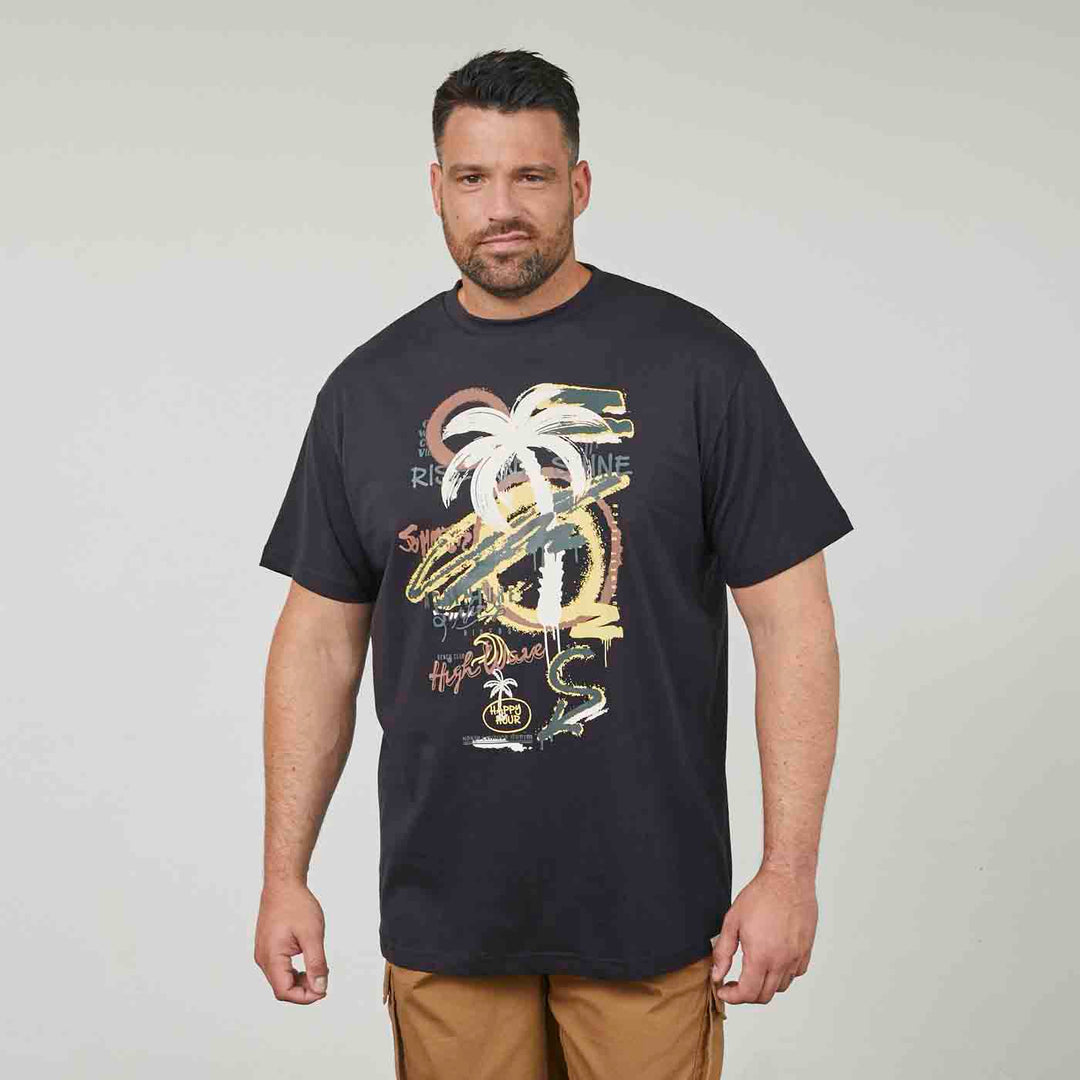 Schwarzes druck t shirt von Allsize mit farbigem Palmen- und Schrift-Design, Herrenmode