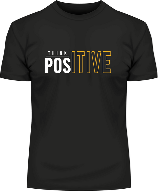 Schwarzes druck t shirt von BigTiger mit positivem Think Positive Schriftzug in Weiß und Gelb