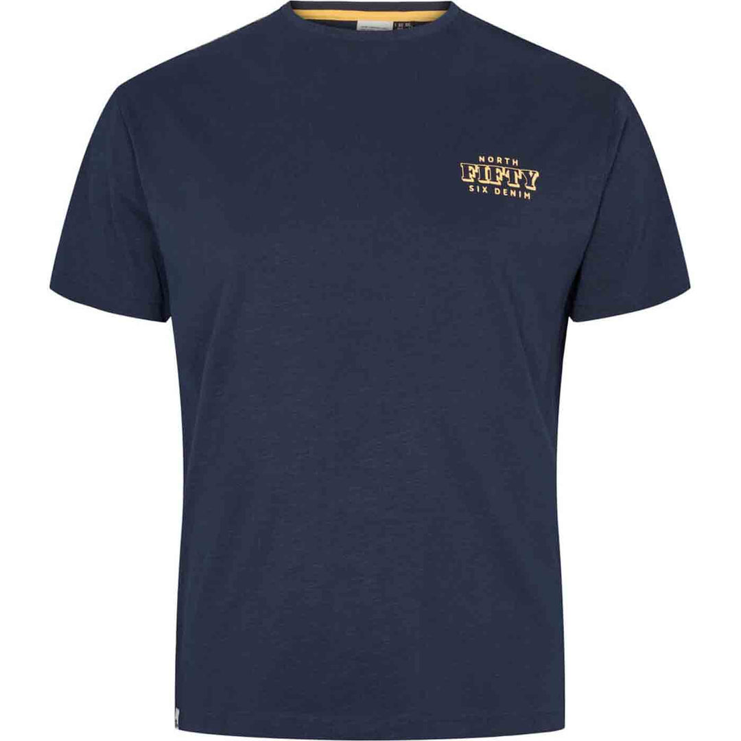 Dunkelblaues T Shirt mit Druck von Allsize mit kleinem Logo auf der Brust