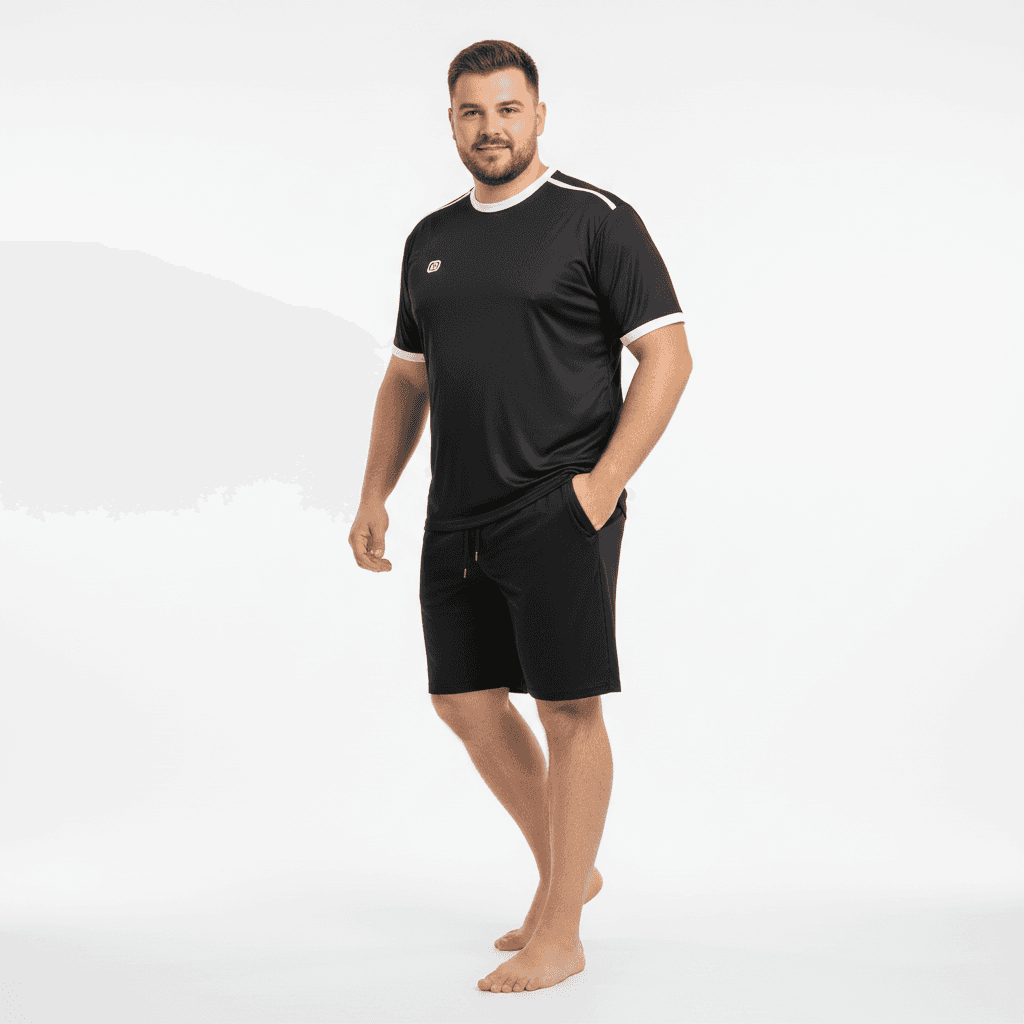 Adamo schwarzes funktionsshirt herren mit weißem Kragen und Ärmeln getragen von stehendem Mann