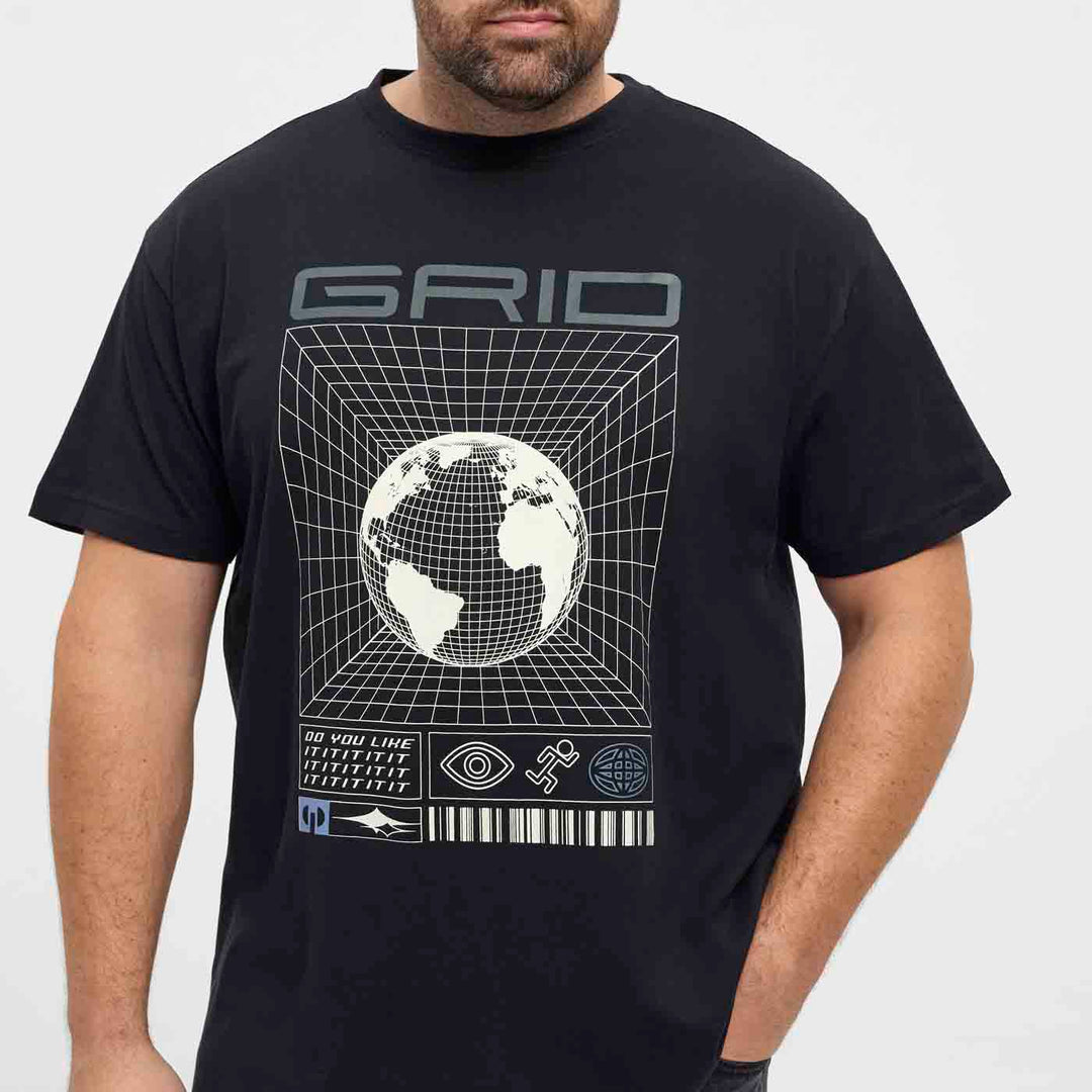T-Shirt Übergröße Herren von Allsize mit modernem Grid Erdkugel Druck in Schwarz