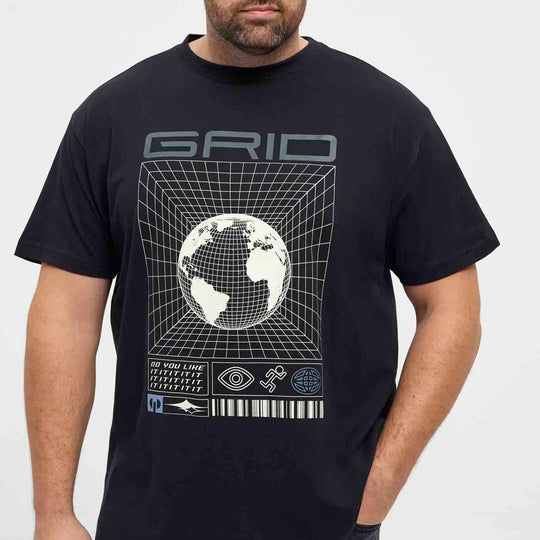 T-Shirt Übergröße Herren von Allsize mit modernem Grid Erdkugel Druck in Schwarz