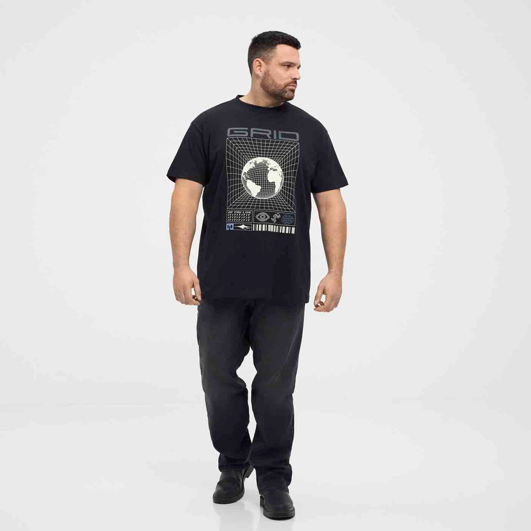 Schwarzes T-Shirt Übergröße Herren von Allsize mit modernem Erdkugel-Print und Rundhalsausschnitt