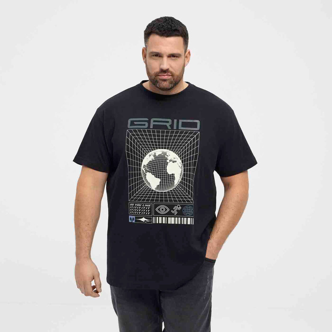 Schwarzes T-Shirt Übergröße Herren von Allsize mit modernem Grid Weltdruck und Rundhalsausschnitt
