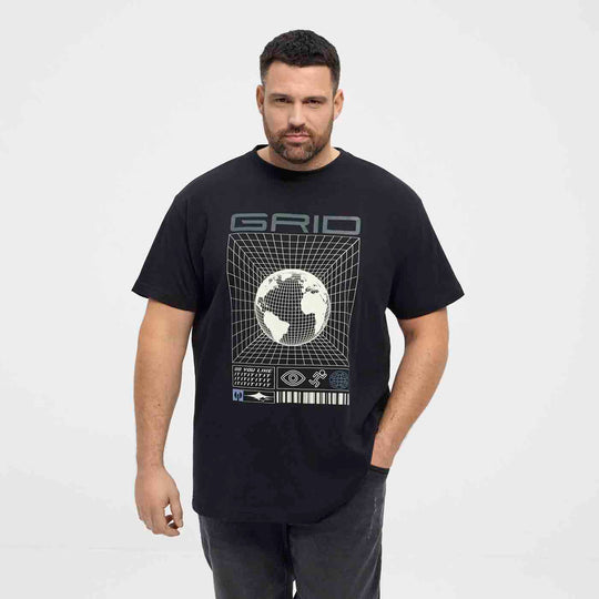 Schwarzes T-Shirt Übergröße Herren von Allsize mit modernem Grid Weltdruck und Rundhalsausschnitt