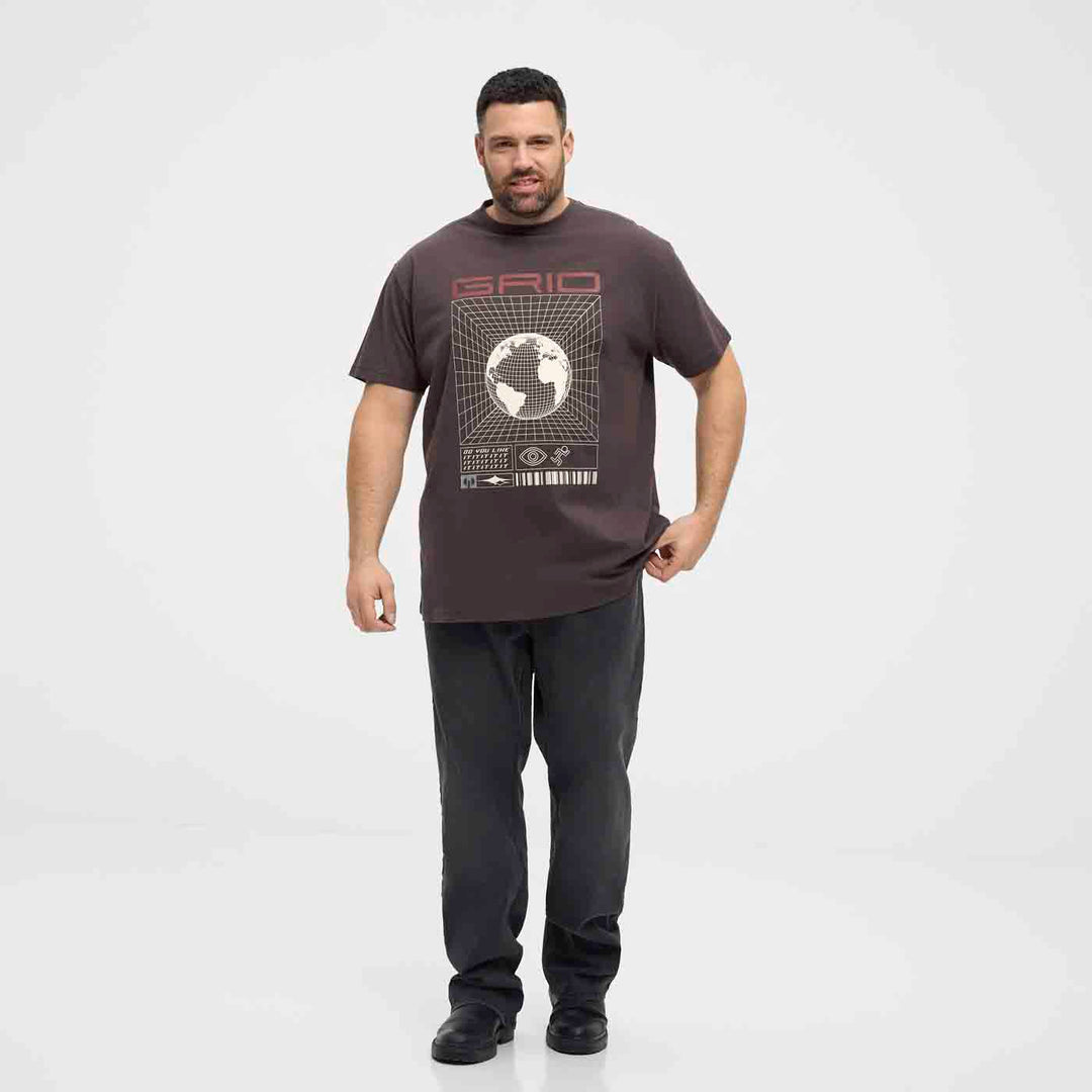 Allsize T-Shirt Übergröße Herren in Dunkelbraun mit modernem Weltkarten Druck und kurzem Arm