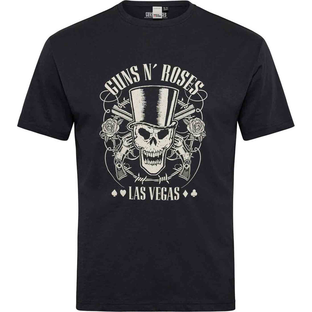 Schwarzes t shirt mit Guns N' Roses Las Vegas Totenkopf und Rosen Motiv von Allsize